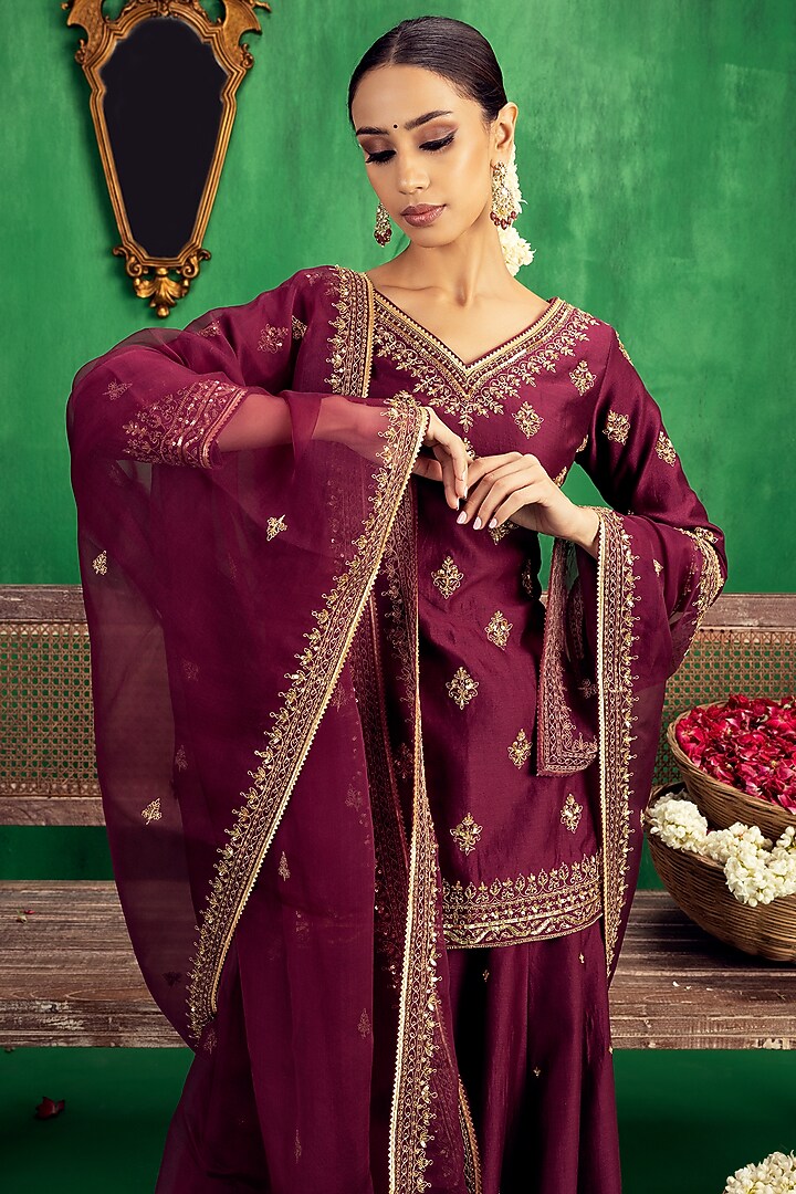 Falsa Purple Chanderi Wedding Sharara Set by Jigar Mali at Pernia's Pop Up Shop