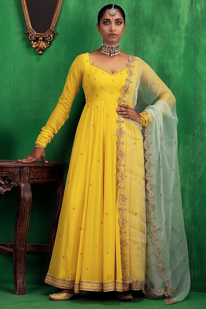 Yellow Embroidered Anarkali Set by Jigar Mali