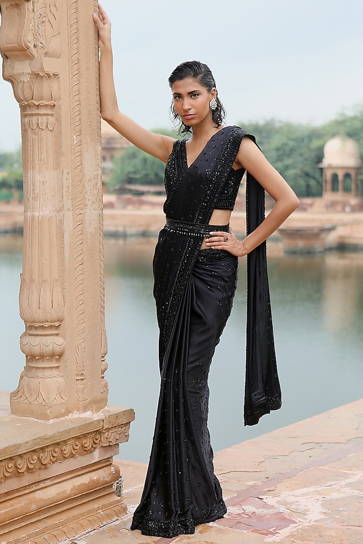 Black Embroidered Saree Set by Jigar Mali