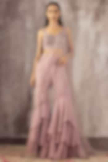 Lavender Georgette & Butterfly Net Embroidered Gharara Pant Wedding Saree Set by Jigar Mali at Pernia's Pop Up Shop