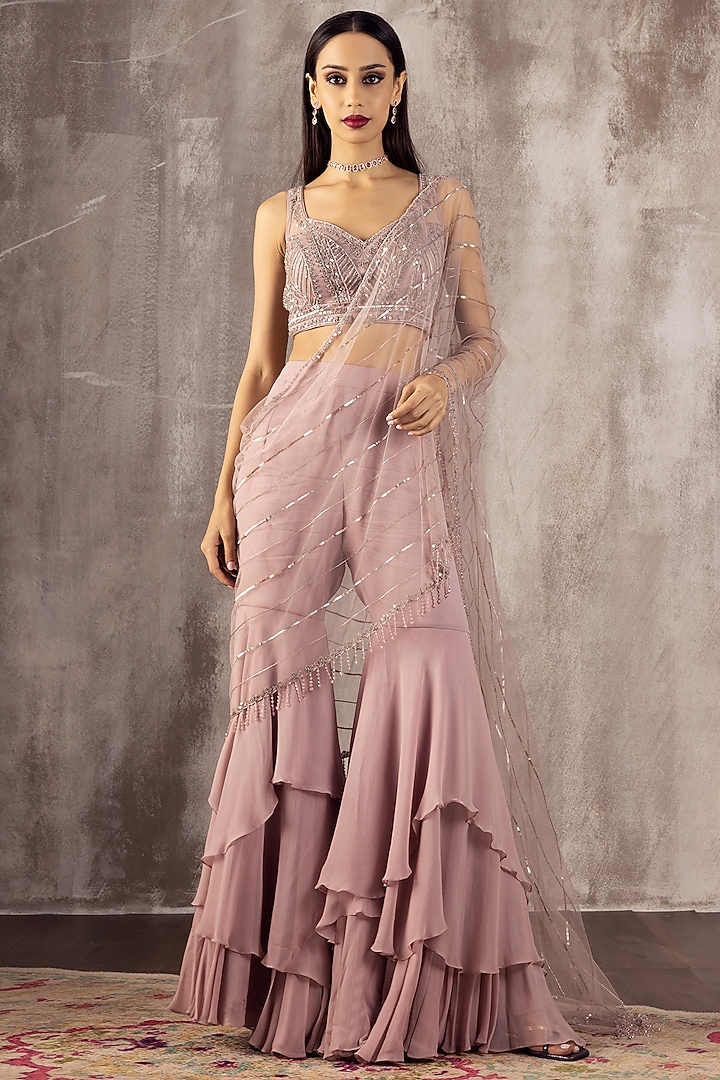 Lavender Georgette & Butterfly Net Embroidered Gharara Pant Wedding Saree Set by Jigar Mali at Pernia's Pop Up Shop