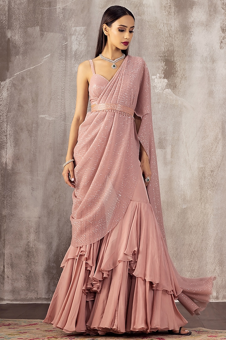 Pink Flat Chiffon Layered Sharara Set by Jigar Mali