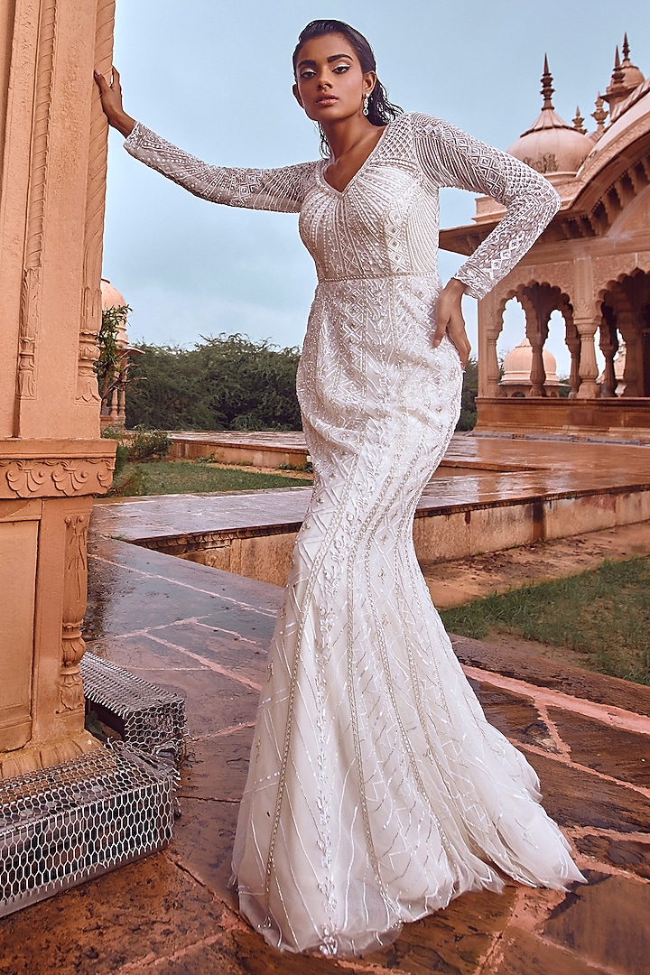 Ivory Embellished Mermaid Gown by Jigar Mali