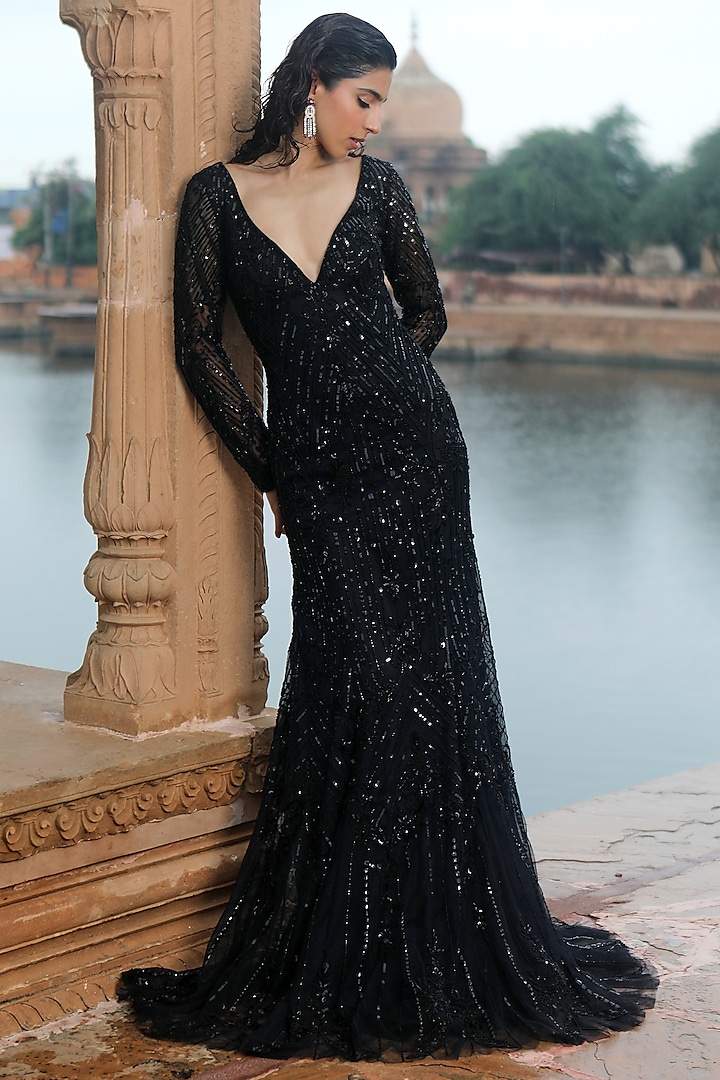 Black Embellished Mermaid Gown by Jigar Mali