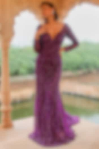 Purple Embellished Trail Gown by Jigar Mali