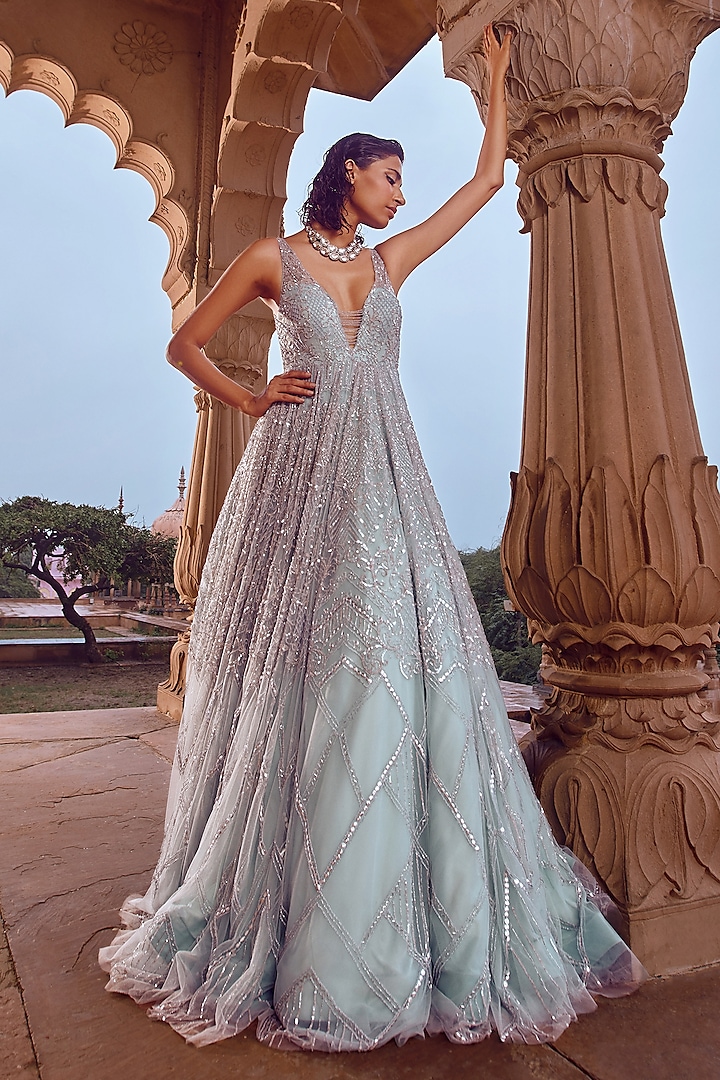 Ice Blue Embellished Flared Gown by Jigar Mali