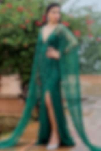 Emerald Green Net Embellished Gown by Jigar Mali