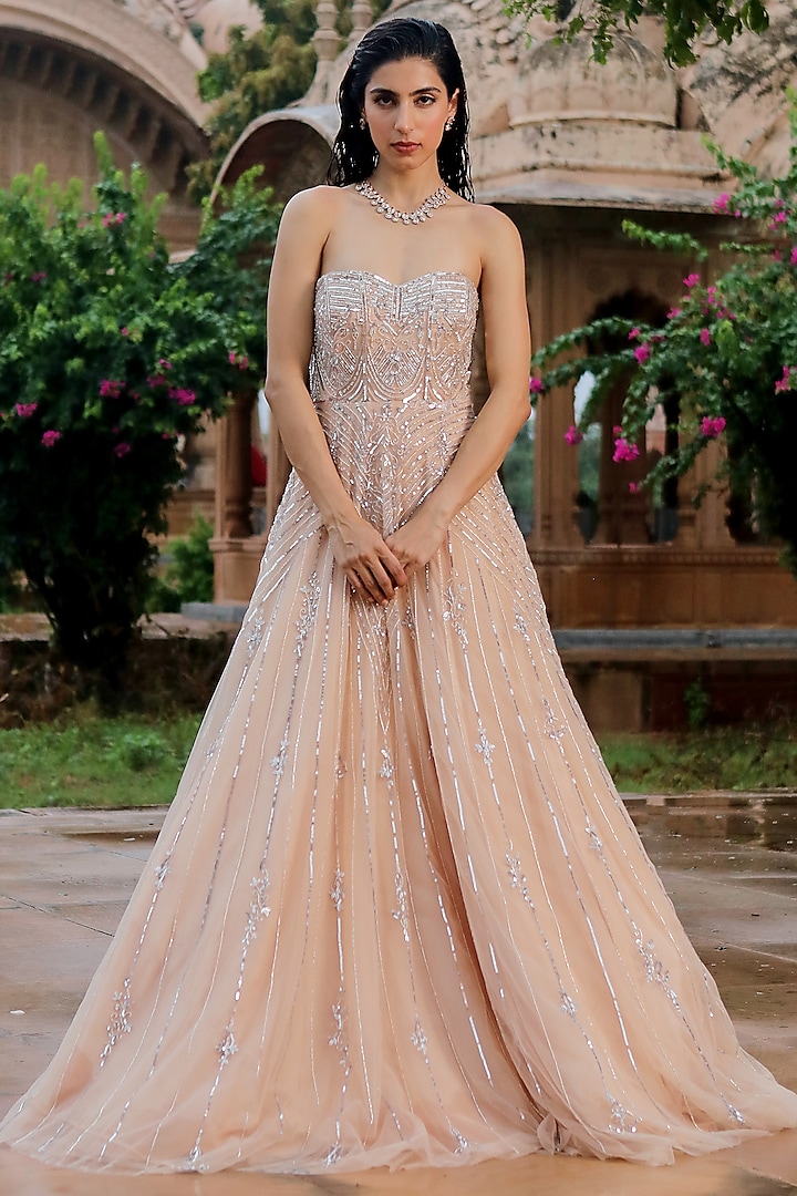 Nude Embellished Flared Gown by Jigar Mali