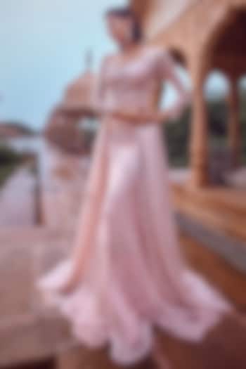 Blush Pink Embellished Flared Gown by Jigar Mali