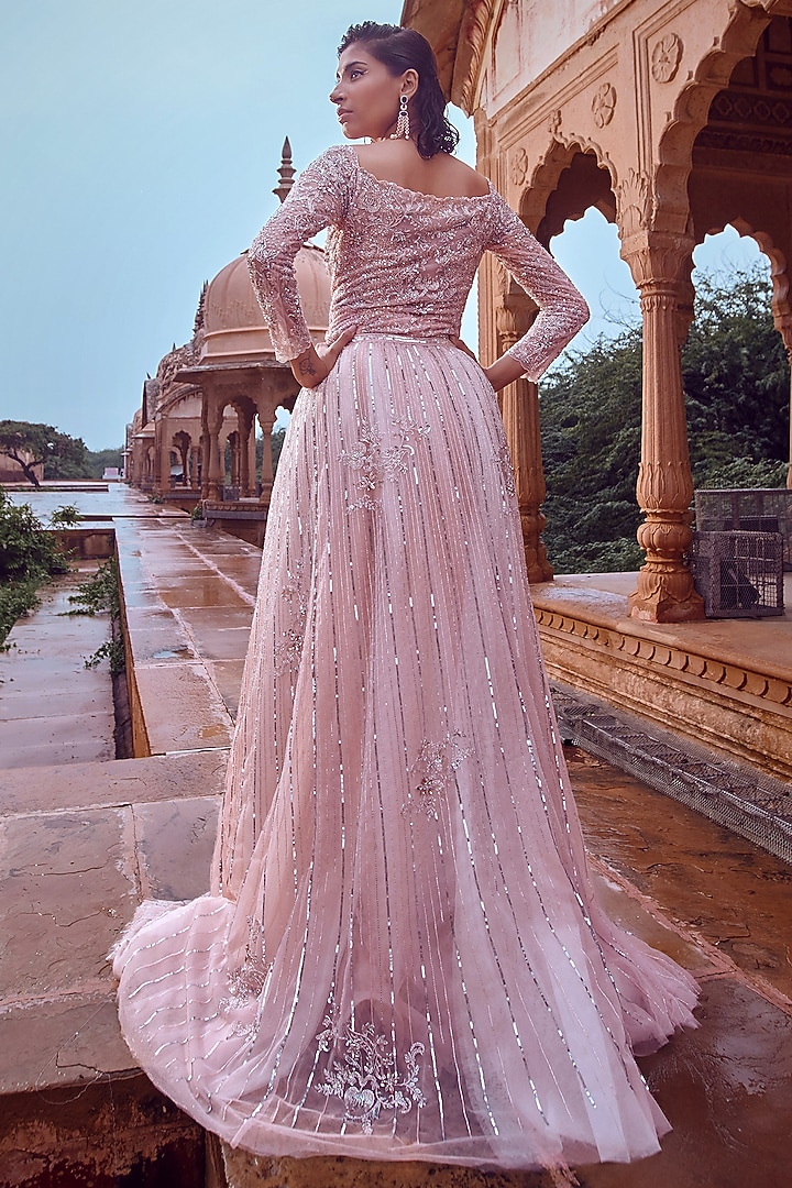 Blush Pink Embellished Flared Bridal Gown by Jigar Mali at Pernia's Pop Up Shop
