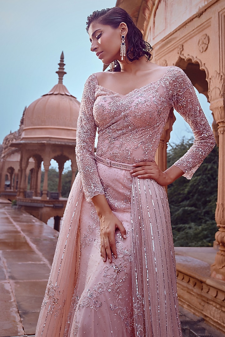 Blush Pink Embellished Flared Bridal Gown by Jigar Mali at Pernia's Pop Up Shop