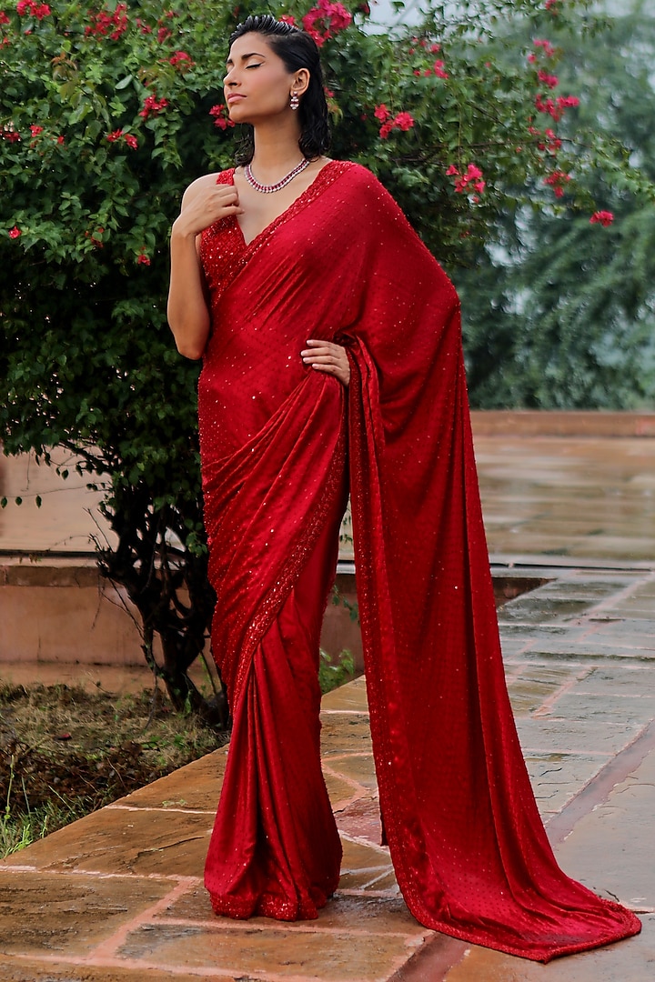 Red Pure Satin Saree Set by Jigar Mali