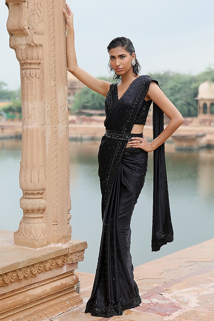 Black Pure Satin Saree Set With Belt Design by Jigar Mali at