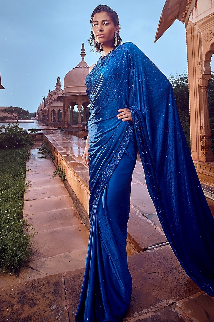 Royal Blue Pure Satin Saree Set by Jigar Mali