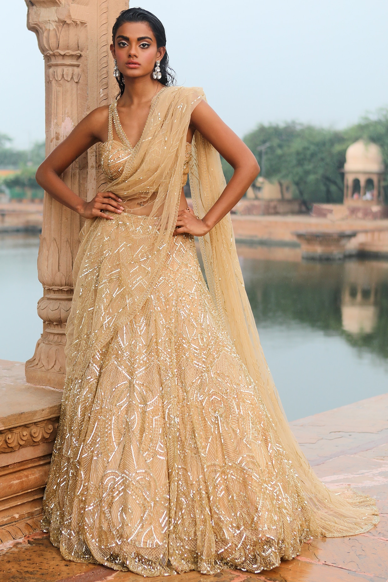 Dia Nicolas in Gold Lehenga Saree | Bride reception dresses, Lehenga saree,  Saree gown