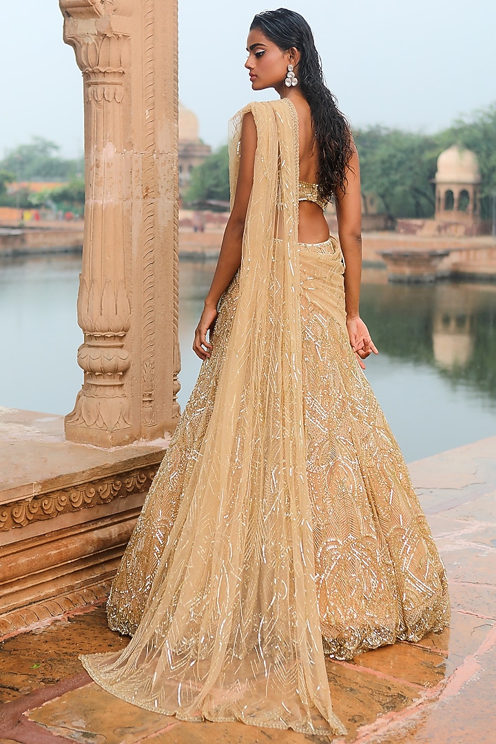 Gold Butterfly Net Embroidered Bridal Lehenga Saree Set by Jigar Mali at Pernia's Pop Up Shop