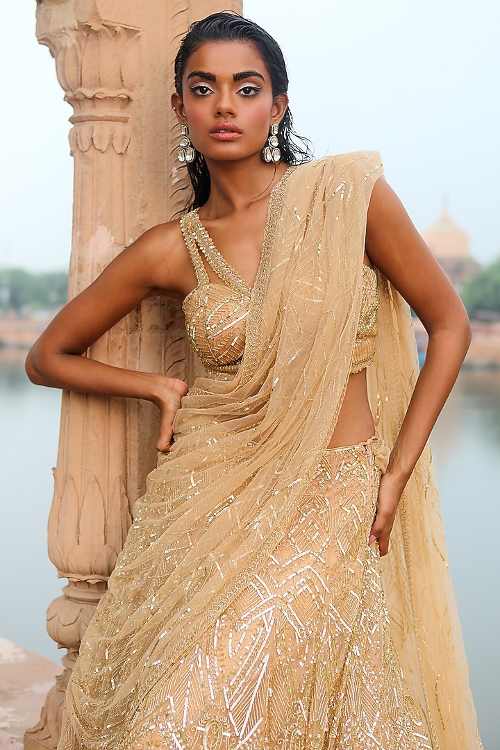 Gold Butterfly Net Embroidered Bridal Lehenga Saree Set by Jigar Mali at Pernia's Pop Up Shop