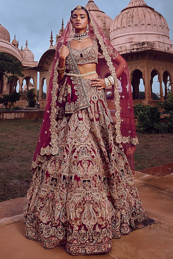 Wine Raw Silk Thread Embroidered Bridal Lehenga Set  by Jigar Mali at Pernia's Pop Up Shop