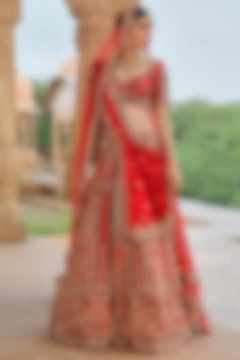 Red Raw Silk Zardosi Embroidered Bridal lehenga for 22 Lehenga Set by Jigar Mali at Pernia's Pop Up Shop