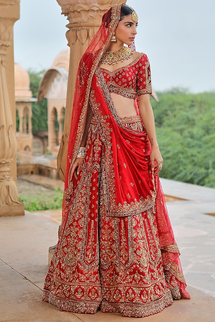 Red Raw Silk Zardosi Embroidered Bridal lehenga for 22 Lehenga Set by Jigar Mali at Pernia's Pop Up Shop