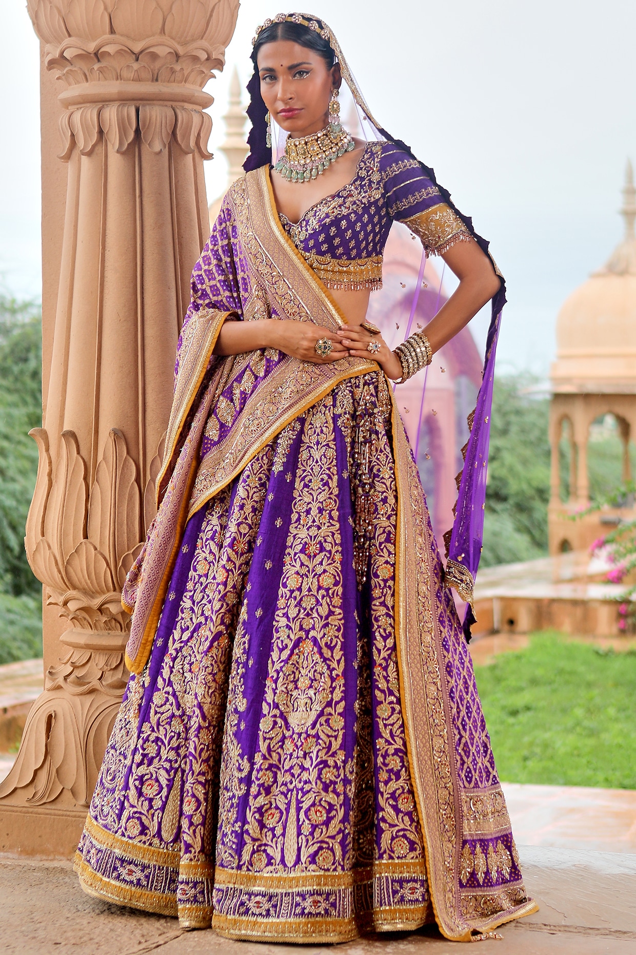 Handloom Pure Katan Silk Purple Banarasi Kalidar Lotus Lehenga – Khinkhwab