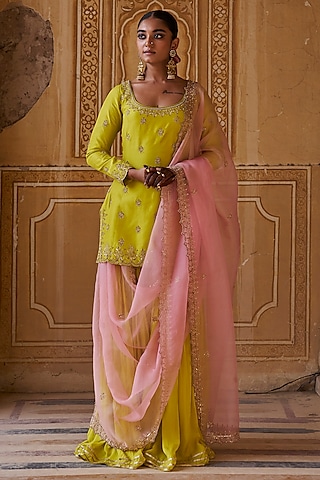 Lime Green Chinon Gharara Set by Jigar Mali