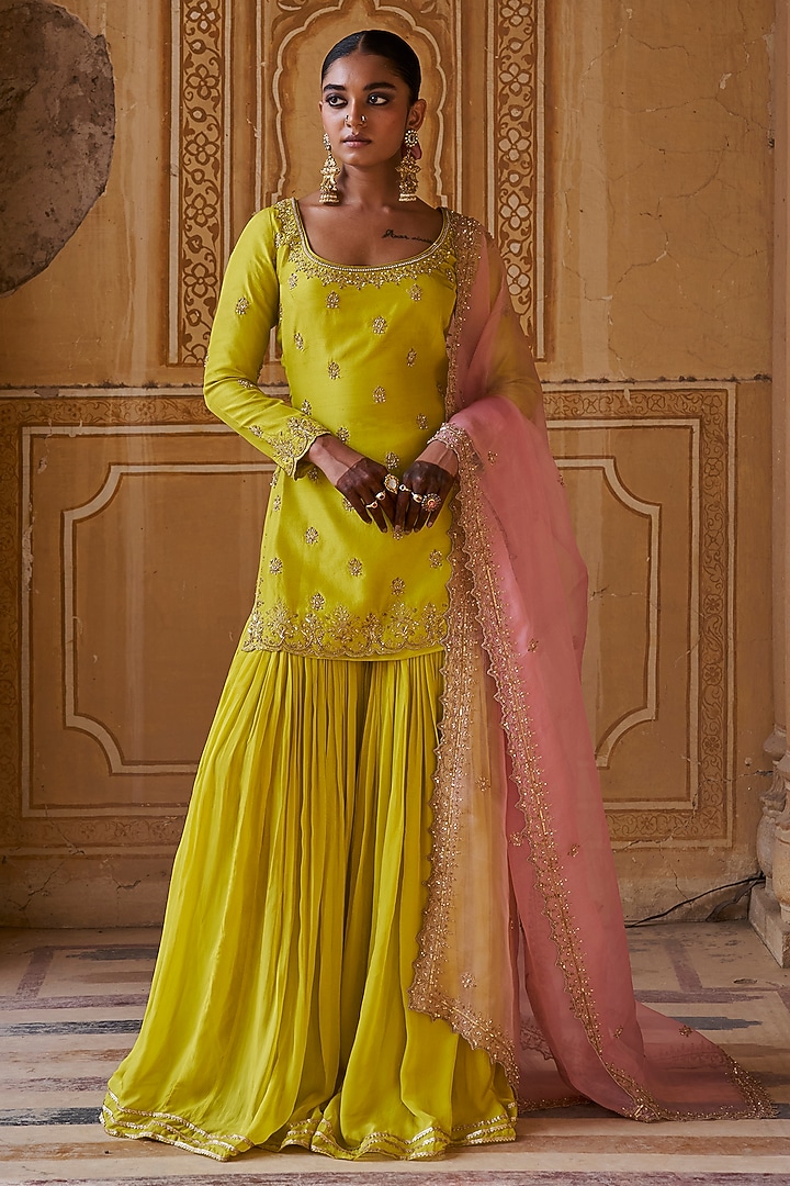 Lime Green Chinon Gharara Set by Jigar Mali at Pernia's Pop Up Shop