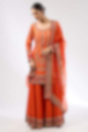 Orange-Red Chanderi Silk Dori Hand Embroidered Kurta Set by Jigar Mali at Pernia's Pop Up Shop