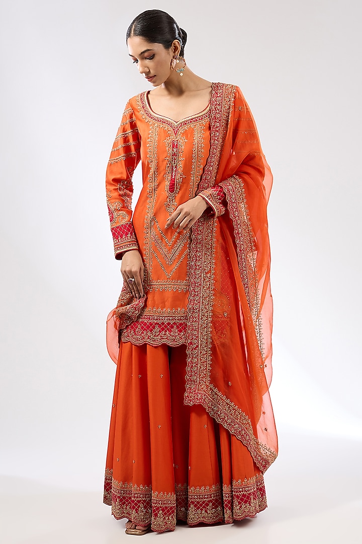 Orange-Red Chanderi Silk Dori Hand Embroidered Kurta Set by Jigar Mali at Pernia's Pop Up Shop