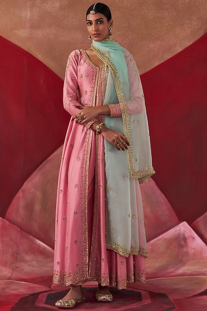 Pink Chanderi & Organza Sequins Embroidered Wedding Anarkali Set by Jigar Mali at Pernia's Pop Up Shop