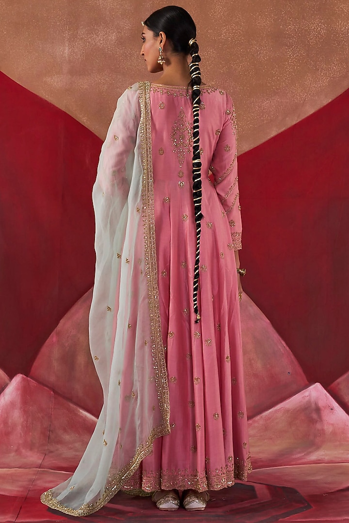 Pink Chanderi & Organza Sequins Embroidered Wedding Anarkali Set by Jigar Mali at Pernia's Pop Up Shop