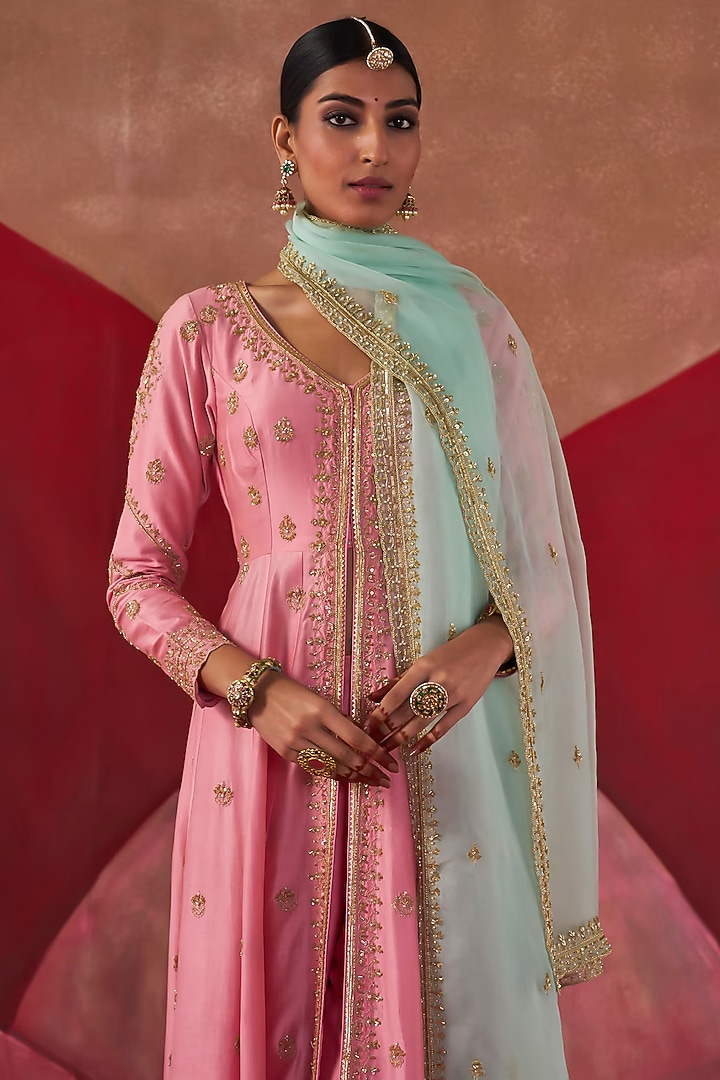 Pink Chanderi & Organza Sequins Embroidered Wedding Anarkali Set by Jigar Mali at Pernia's Pop Up Shop