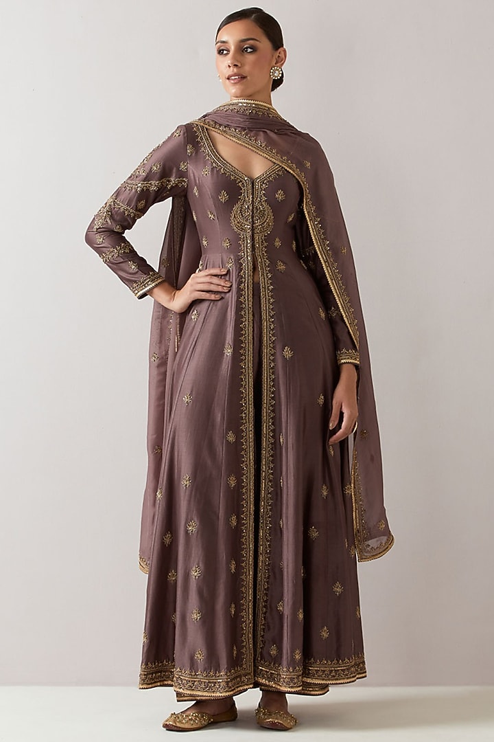 Dull Purple Silk Chanderi Aari Embroidered Jacket Set by Jigar Mali at Pernia's Pop Up Shop