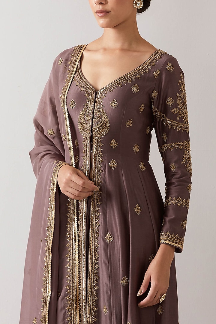Dull Purple Silk Chanderi Aari Embroidered Jacket Set by Jigar Mali at Pernia's Pop Up Shop