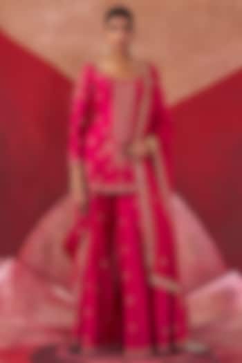 Hot Pink Chanderi & Organza Embroidered Wedding Sharara Set by Jigar Mali at Pernia's Pop Up Shop