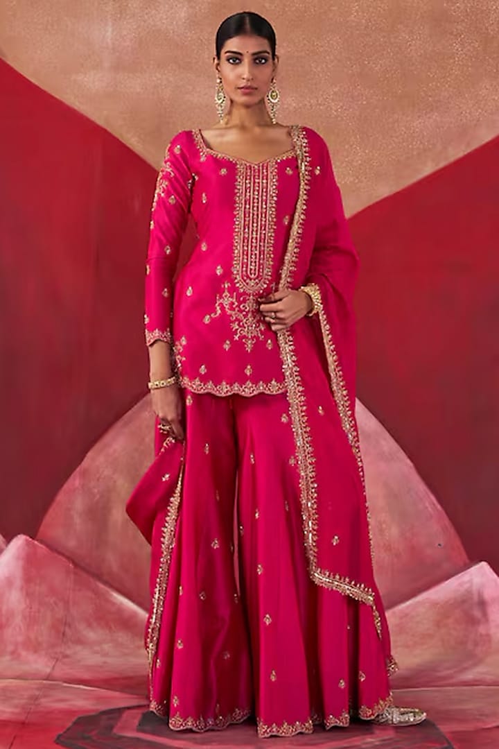Hot Pink Chanderi & Organza Embroidered Wedding Sharara Set by Jigar Mali at Pernia's Pop Up Shop