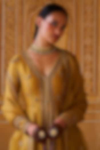 Mustard Yellow Chanderi Silk Hand Embroidered Jacket Set by Jigar Mali at Pernia's Pop Up Shop
