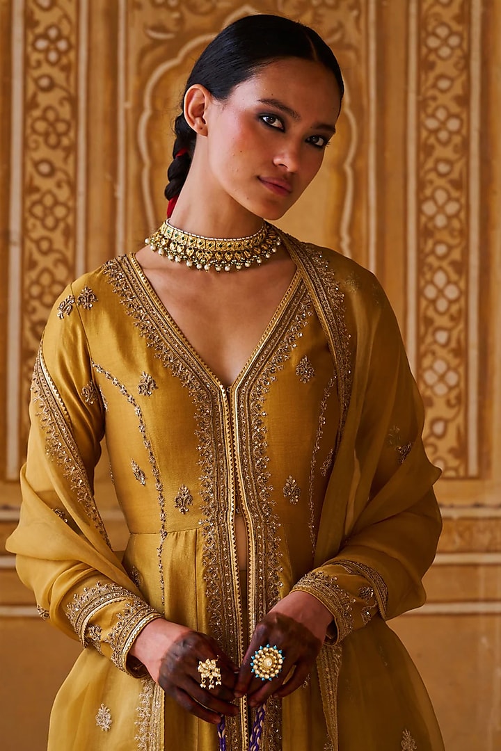 Mustard Yellow Chanderi Silk Hand Embroidered Jacket Set by Jigar Mali at Pernia's Pop Up Shop