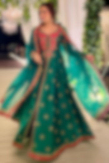 Rama Green Chanderi Silk Hand Embroidered Jacket Set by Jigar Mali at Pernia's Pop Up Shop