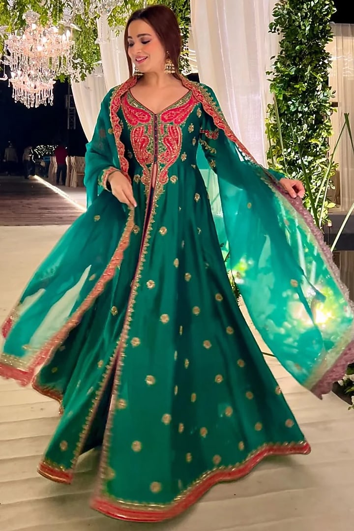 Rama Green Chanderi Silk Hand Embroidered Jacket Set by Jigar Mali at Pernia's Pop Up Shop