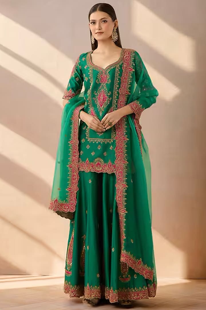 Rama Green Cotton Embroidered Bridal Sharara Set by Jigar Mali at Pernia's Pop Up Shop