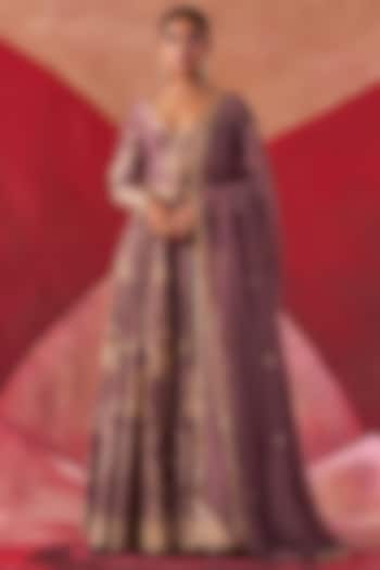 Dull Purple Chanderi Silk Hand Work Jacket Set by Jigar Mali at Pernia's Pop Up Shop