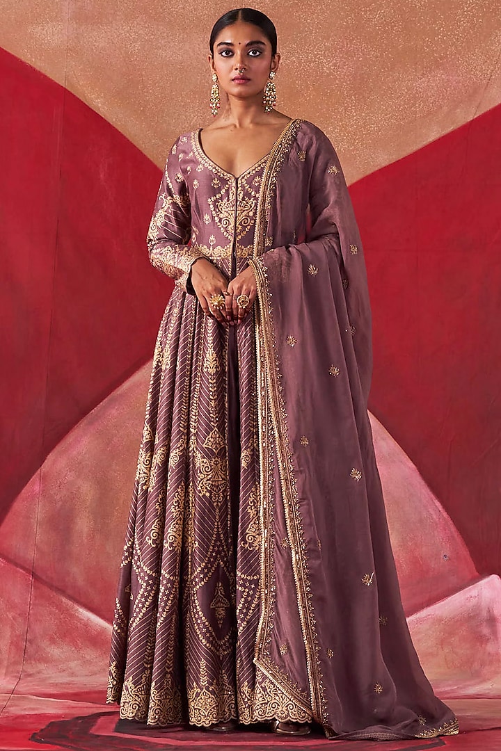 Dull Purple Chanderi Silk Hand Work Jacket Set by Jigar Mali at Pernia's Pop Up Shop