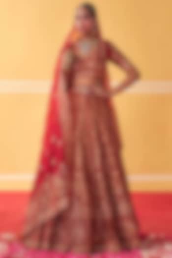 Red Chanderi Silk Hand Embroidered Wedding Lehenga Set by Jigar Mali at Pernia's Pop Up Shop