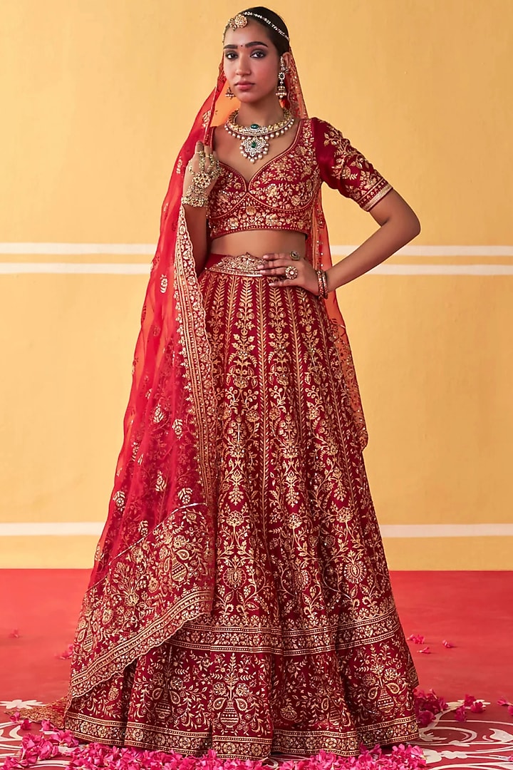 Red Chanderi Silk Hand Embroidered Wedding Lehenga Set by Jigar Mali at Pernia's Pop Up Shop
