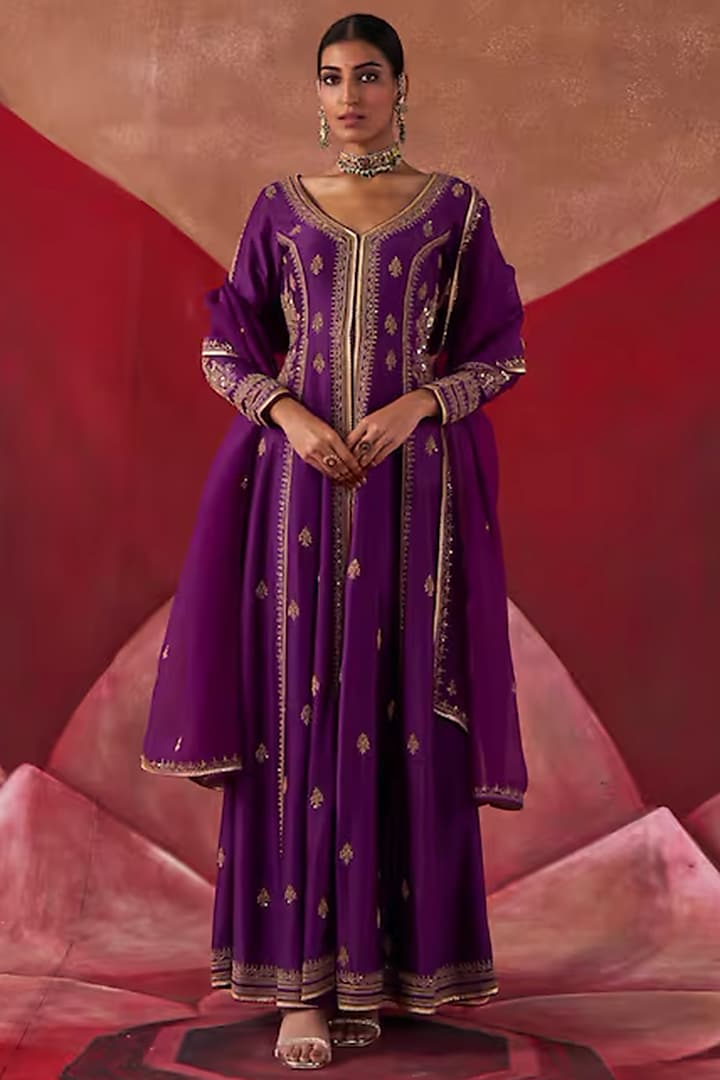 Purple Chanderi Hand Embroidered Wedding Anarkali Set by Jigar Mali at Pernia's Pop Up Shop