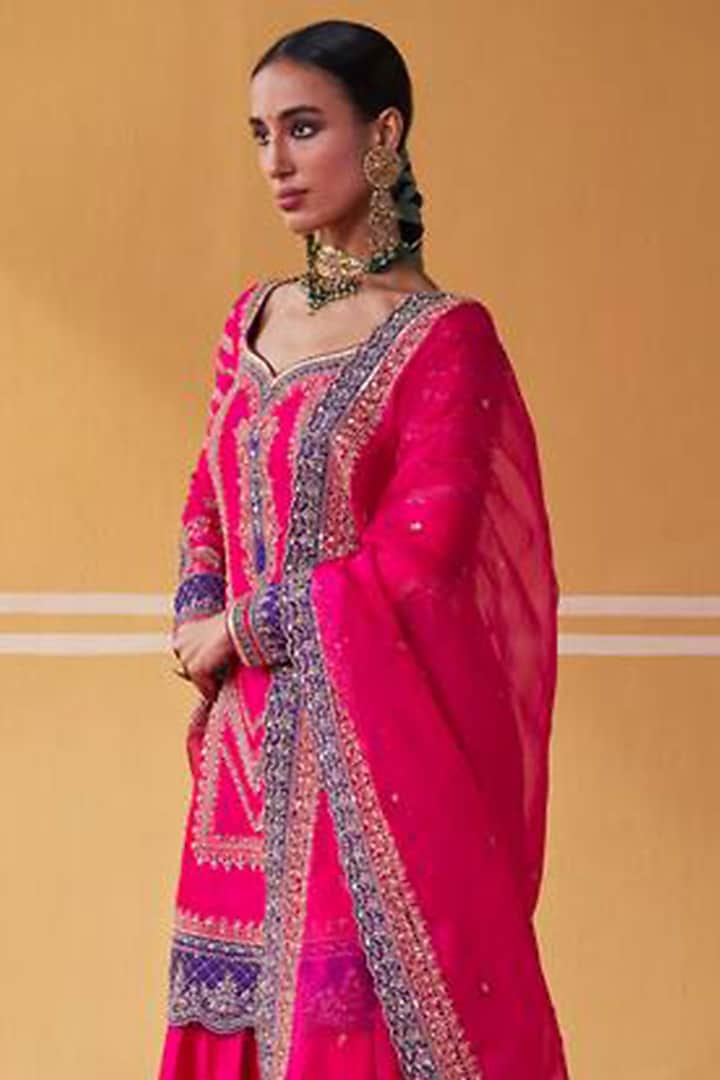 Hot Pink Chanderi & Organza Embroidered Bridal Sharara Set by Jigar Mali at Pernia's Pop Up Shop