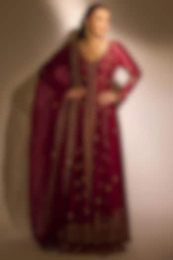 Wine Chanderi Silk Hand Embroidered Wedding Anarkali Set by Jigar Mali at Pernia's Pop Up Shop