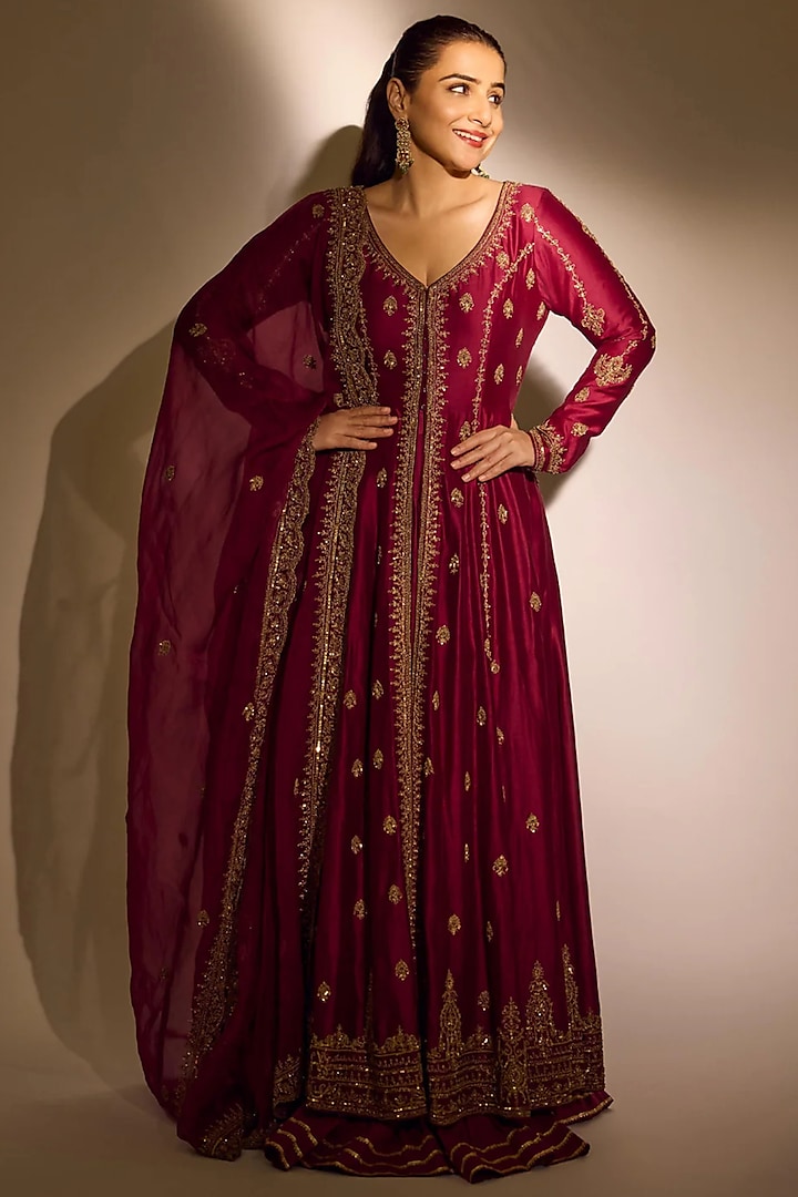 Wine Chanderi Silk Hand Embroidered Wedding Anarkali Set by Jigar Mali at Pernia's Pop Up Shop