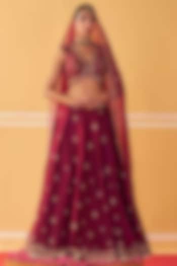 Wine Chanderi & Organza Sequins Embroidered Wedding Lehenga Set by Jigar Mali at Pernia's Pop Up Shop